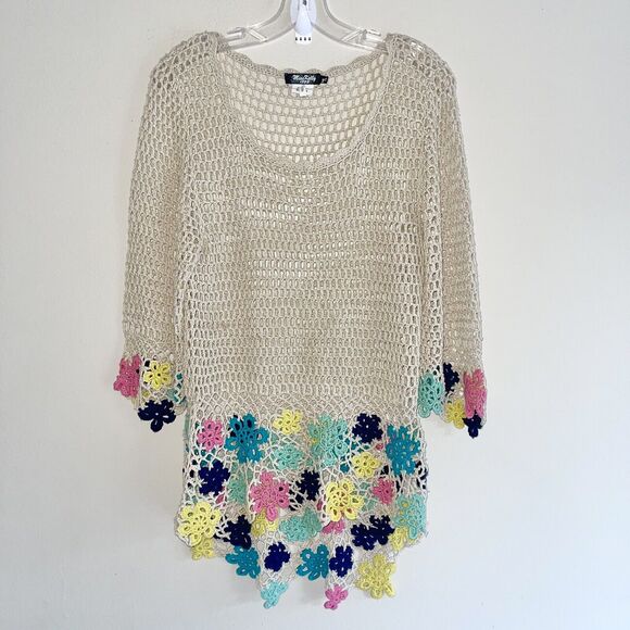 Boho Open Knit Crochet Top M Longline Cover Up Floral Festival Hi Low Hem Tan - Picture 10 of 10